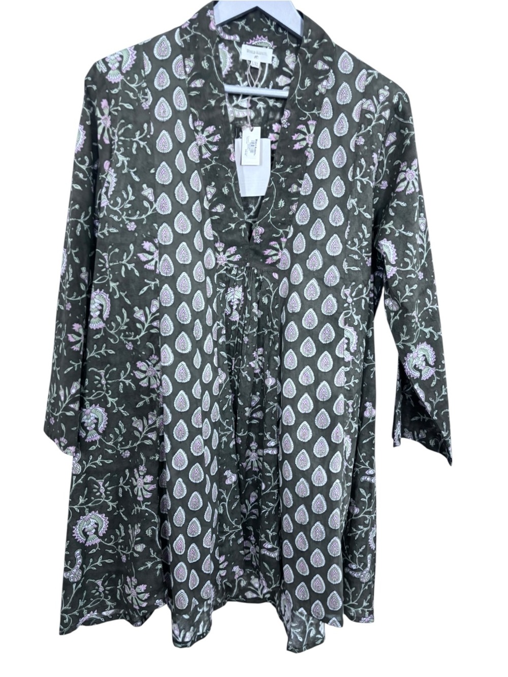 Cost Plus World Market Olive Green Tunic/Dress with Pale Pink Paisley